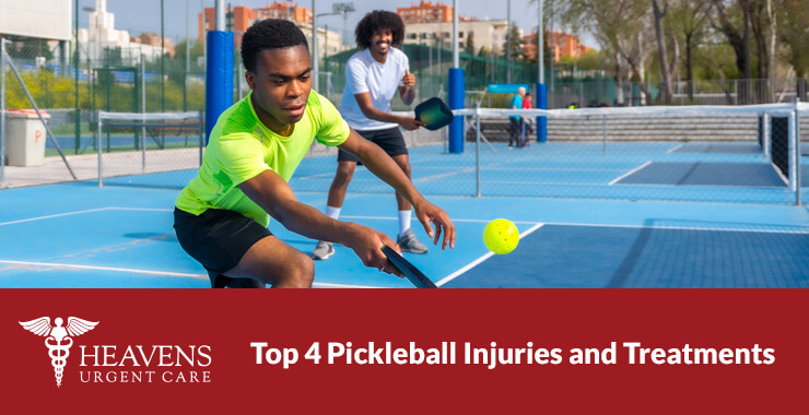 Two African American men playing pickle ball with the text "Top 4 Pickleball Injuries and Treatments"