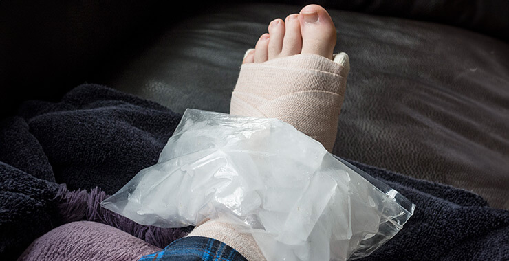 Wrapped sprained ankle with ice