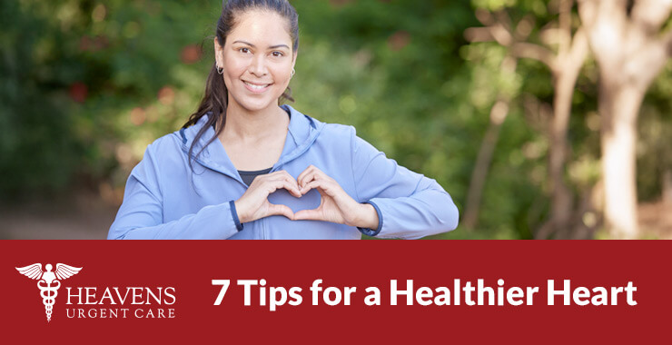 7 Tips for a healthier heart. Woman making heart shape over her chest with her hands